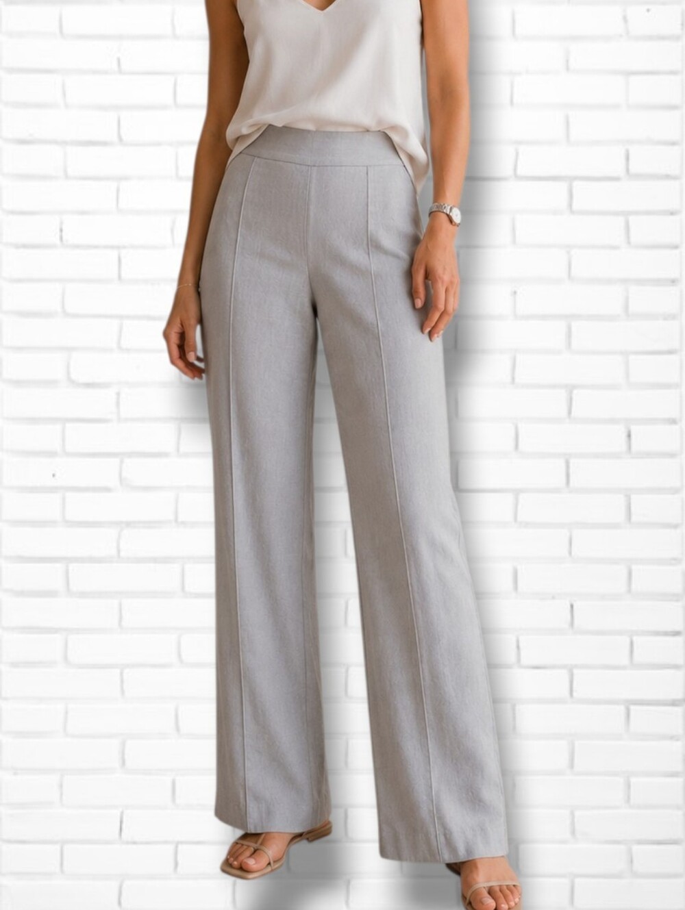 Sarah Pacini Silver Grey High Rise Wide Leg Linen Blend Trouser Pants Size 4-6
